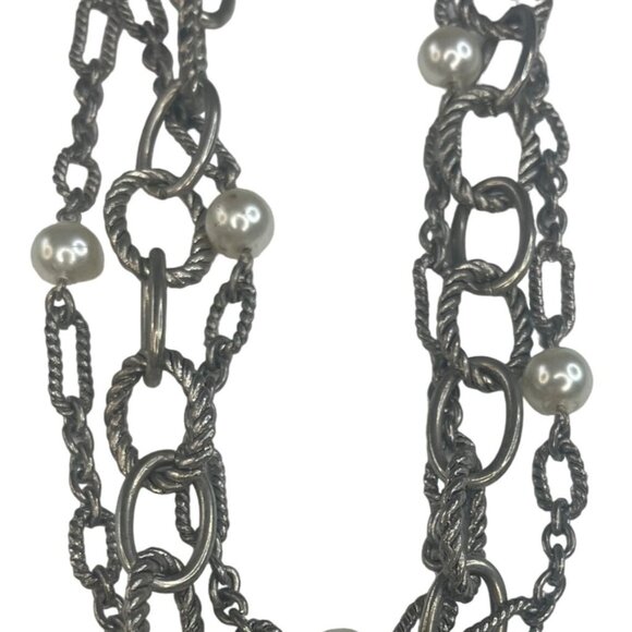 Vintage Multi-Layered Silver Chain Necklace With Faux Pearl Accents Toggle Clasp - Picture 4 of 4